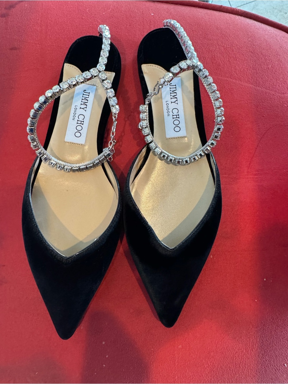 Jimmy Choo Black Velvet Pointed Flats with Crystal Straps